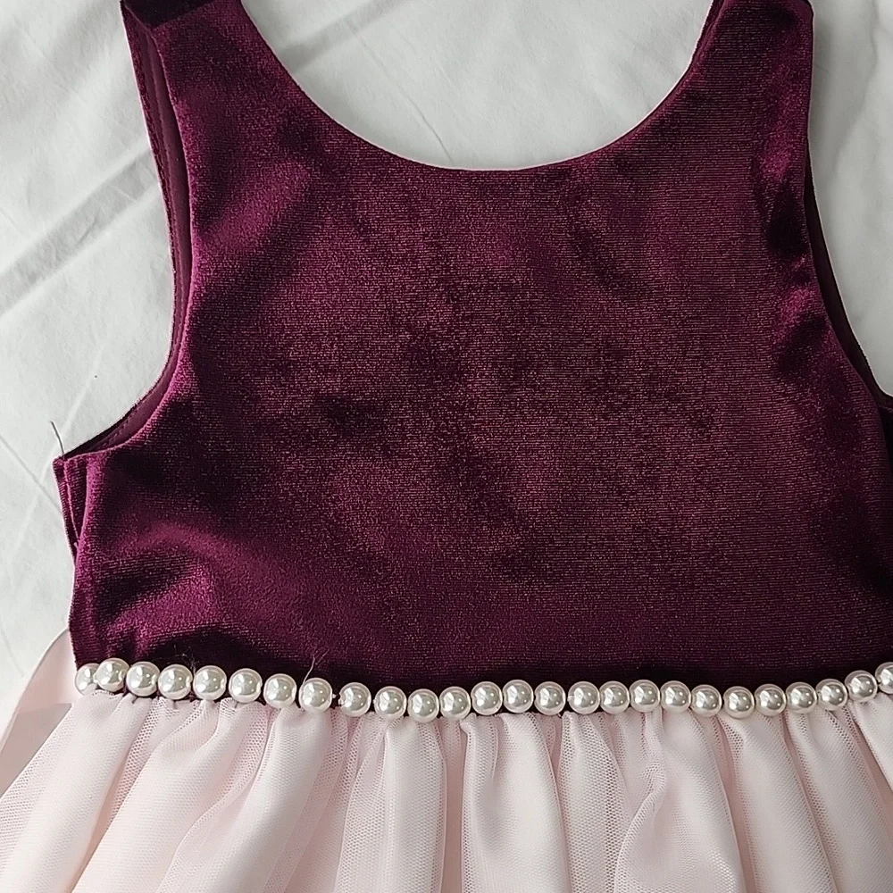 American Princess Pink Tulle Girls Dress Size 6 Burgundy Details‎ Pearl Waist